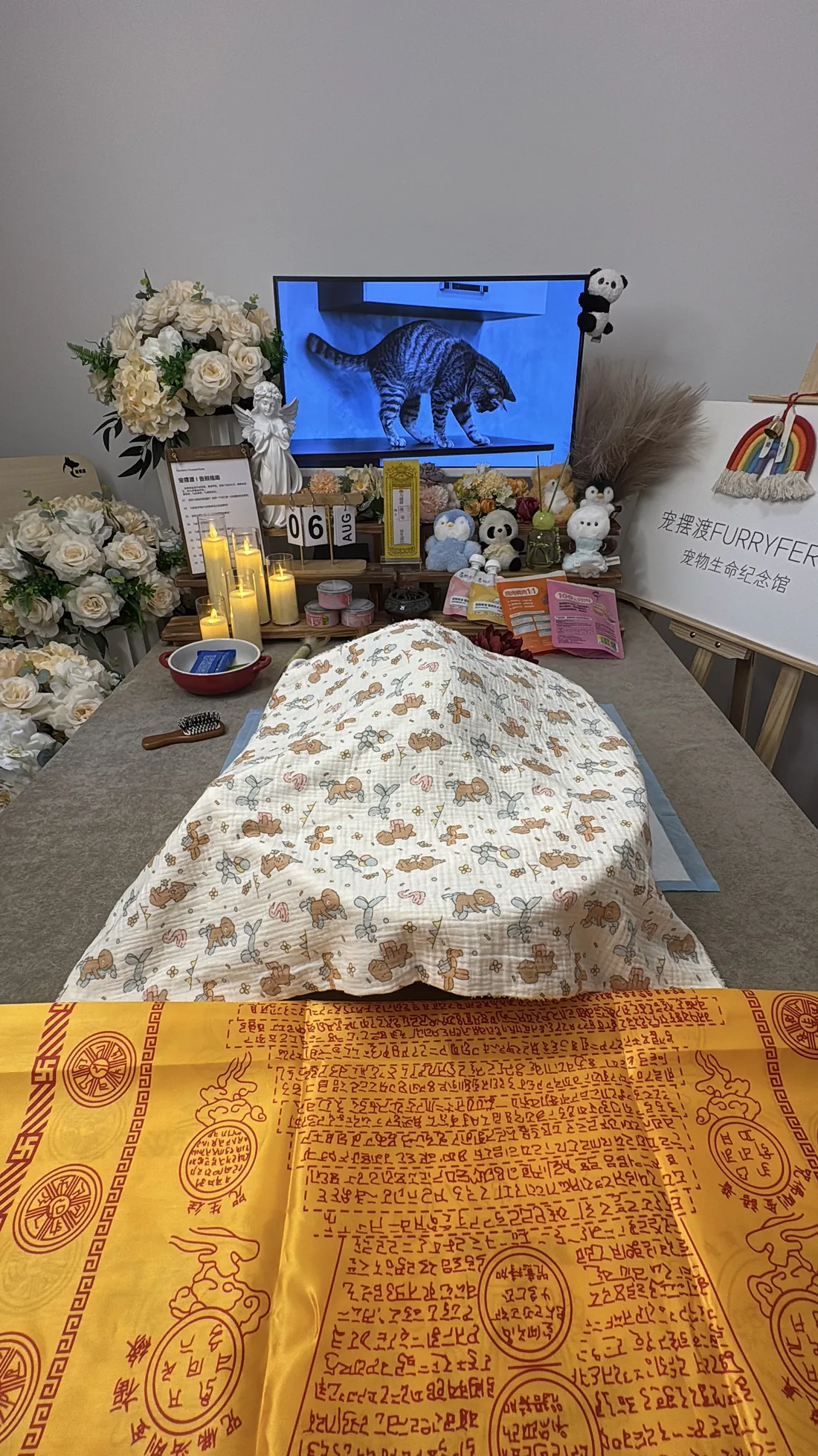 宁波宠物告别仪式中的鲜花与纪念照片